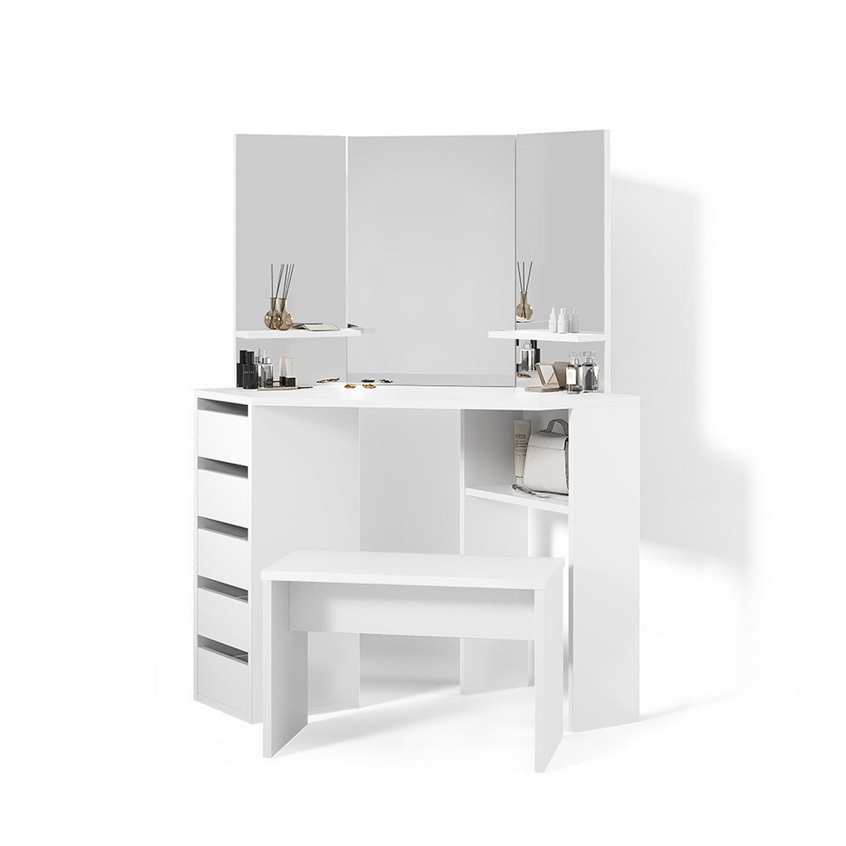 ECKSCHMINKTISCH Enna Weiß 110 cm mit Bank - Weiß, Holzwerkstoff (110/141.5/54cm) - Livinity®