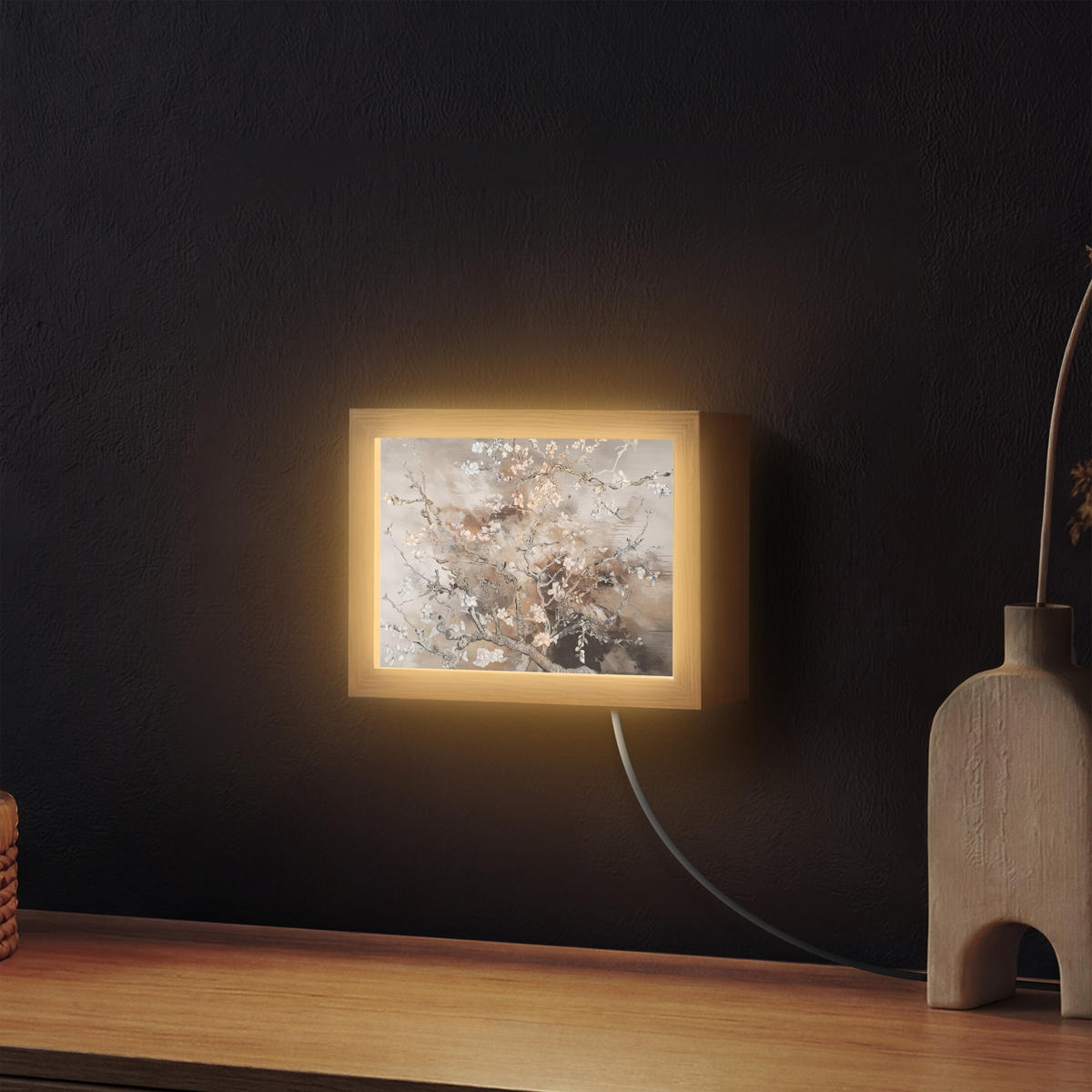 NÁSTĚNNÁ LAMPA Mandlový květ - Umění - Van Gogh - Béžová - Abstraktní 20x15 cm - šedohnědá, kompozitní dřevo (20/15/8cm) - OnlyWow