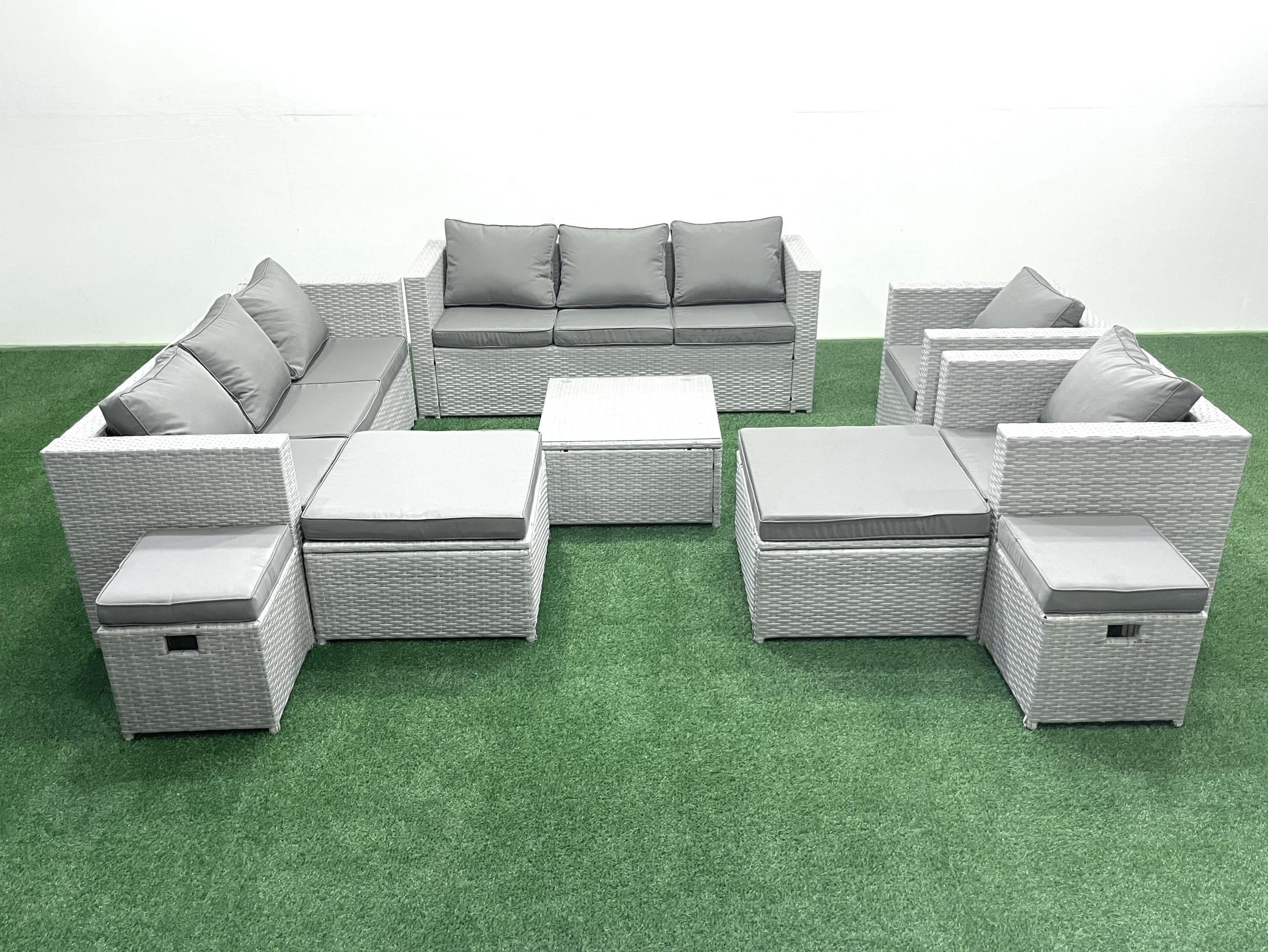 GARTENMÖBELSET mit 3-SITZER SOFA,COUCHTISCH Polyrattan Hellgrau-Mix 12-Sitzer - Hellgrau/Grau, Glas/Kunststoff - Fimous