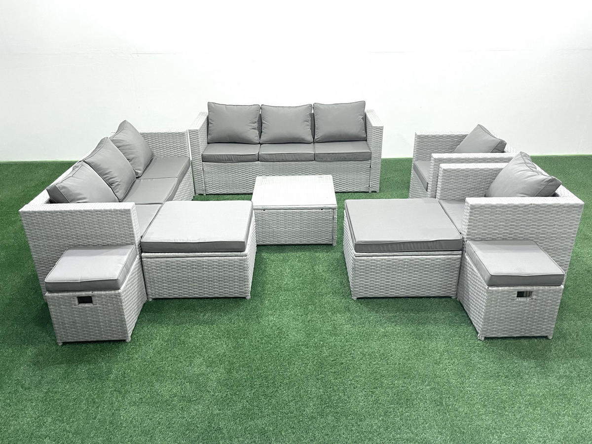 GARTENMÖBELSET mit 3-SITZER SOFA,COUCHTISCH Polyrattan Hellgrau-Mix 12-Sitzer - Hellgrau/Grau, Glas/Kunststoff - Fimous