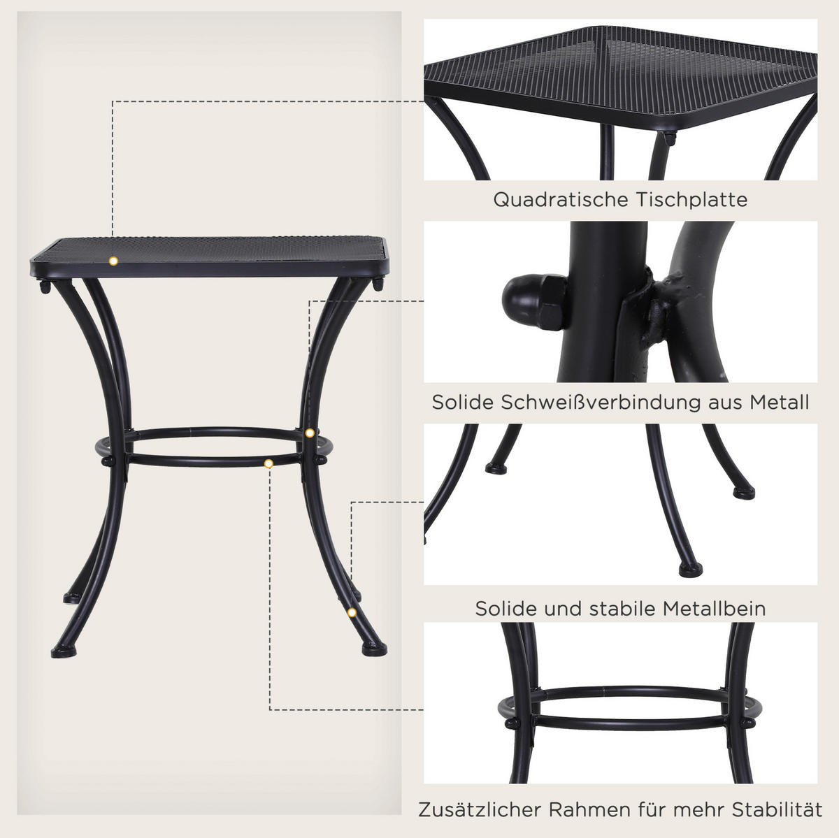 BEISTELLTISCH 45/45/50 cm in Schwarz aus Metall für Garten und Balkon - Weiß, Metall (45/45/50cm) - Flora Grace