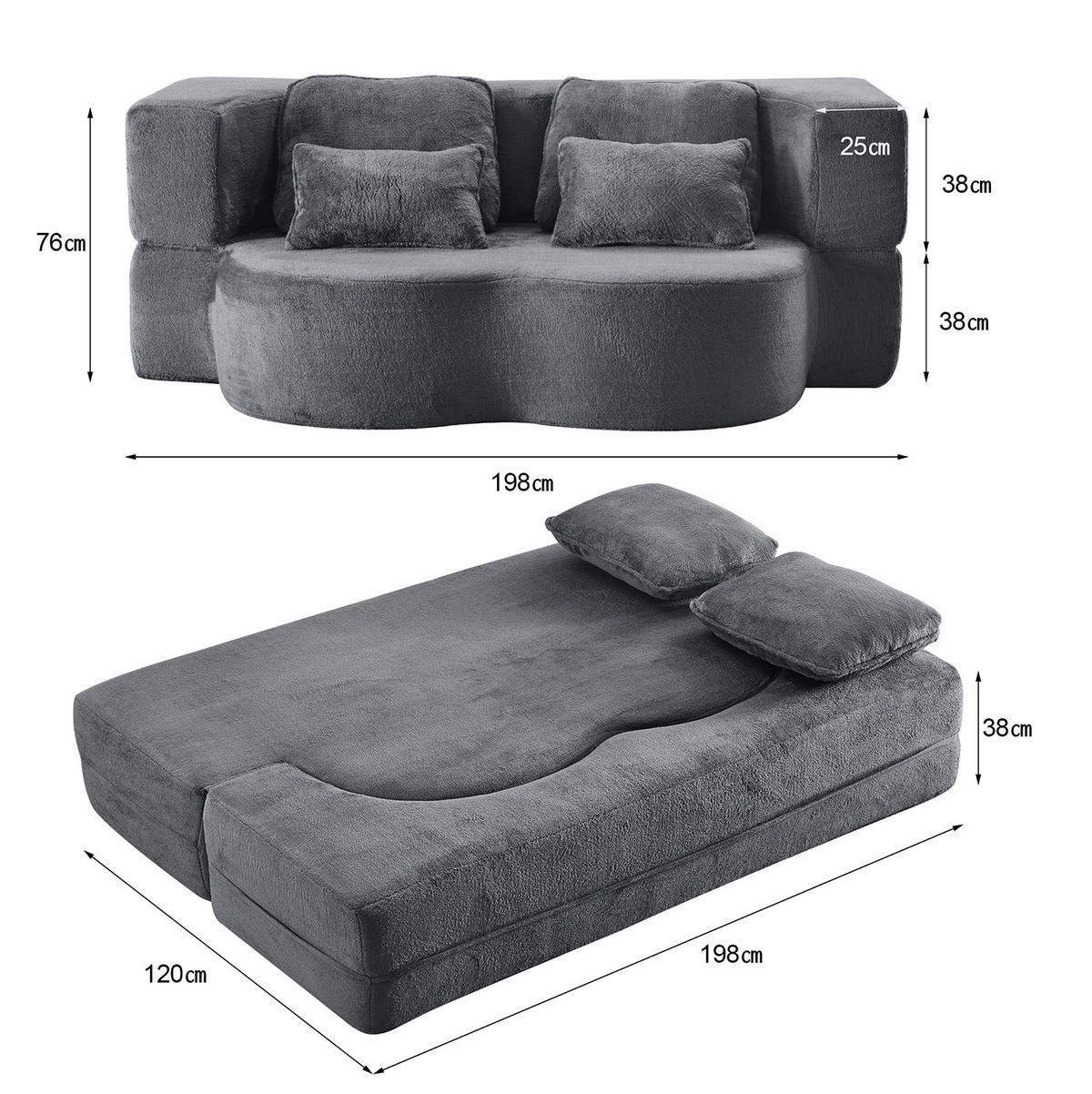 SCHLAFSOFA aus Schaumstoff und Federkern Blau/Grau klappbar mit 4 Kissen und multifunktionaler Nutzung - Grau, Kunststoff (198/76/60cm) - Modfu