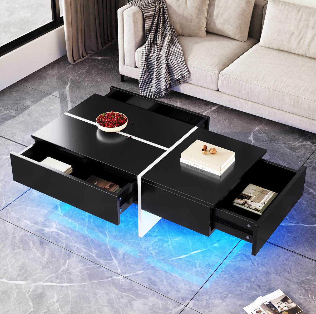 COUCHTISCH 100/50/34,5 cm in Schwarz Hochglanz mit 3 Schubladen und LED-Beleuchtung - Schwarz, Holzwerkstoff (100/50/34.5cm) - Flora Grace