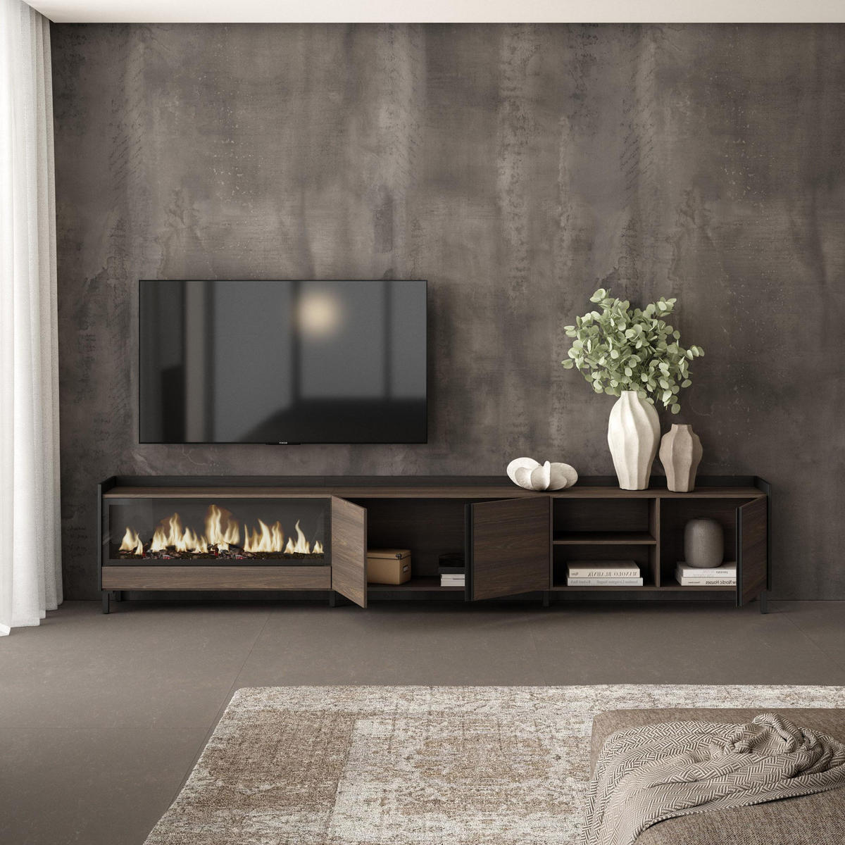 LOWBOARD, Eiche und Schwarz, 315/35/61cm, Kamin mit Feuereffekt XXL - Dunkelbraun, Holzwerkstoff (315/61/35cm) - Skraut Home