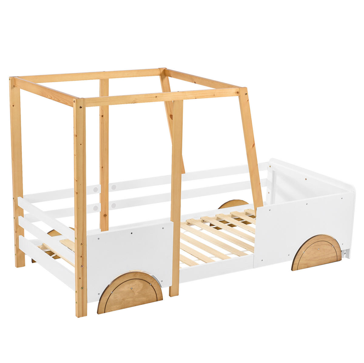 DETSKÁ posteľ 90/200 cm z borovice a MDF, biela a prírodná, v tvare auta - biela, drevo (90/200cm) - BEAOK