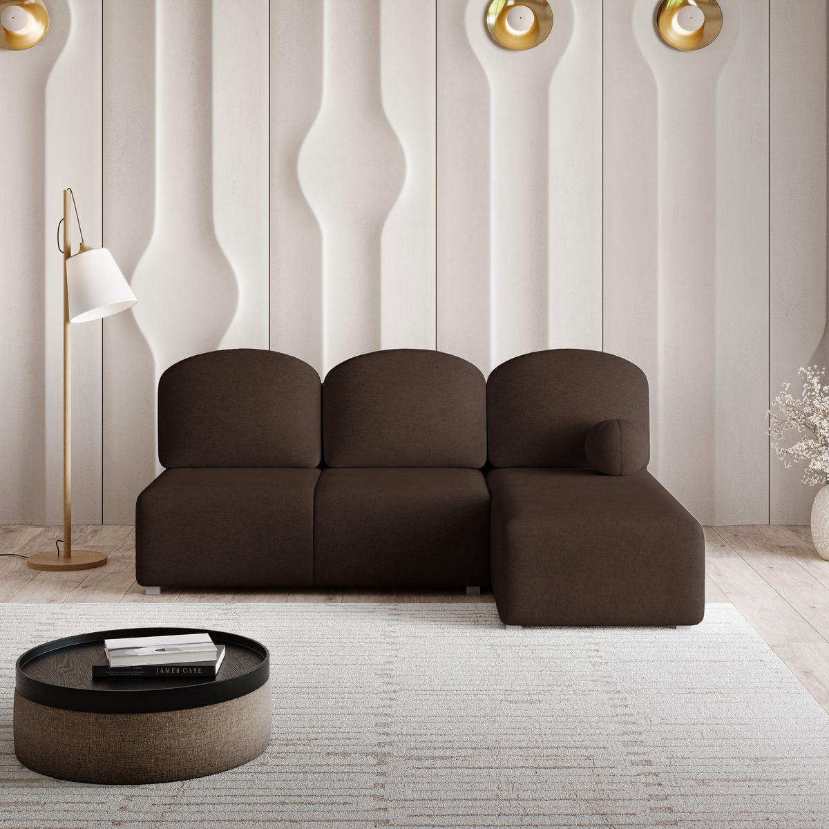 ECKSOFA TRAMA Braun Geflochtener Stoff mit Schlaffunktion - Braun, Holz (200/143cm) - MASSENO