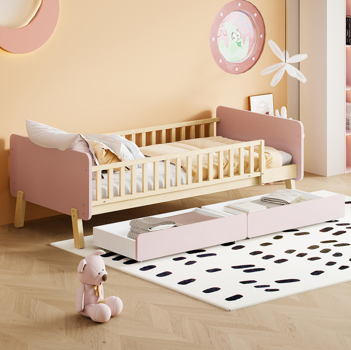 KINDEREINZELBETTEN aus Massivholz 90x190 cm in Rosa mit 2 Schubladen - Rosa, Holz (90/190cm) - Modfu