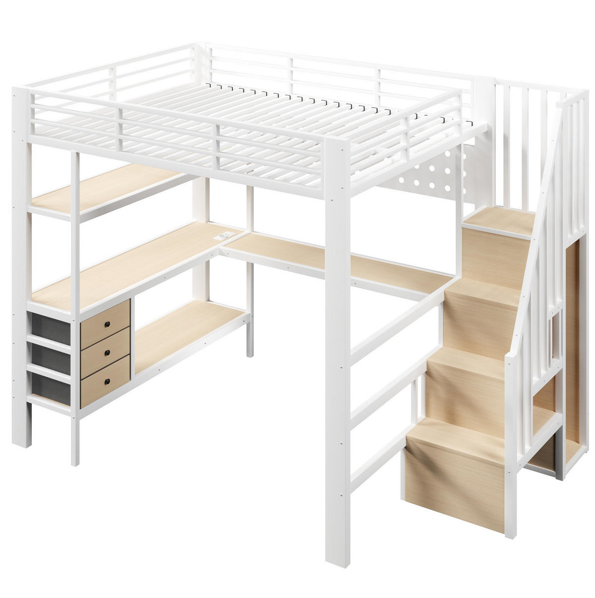 VYSOKÁ posteľ 140/200 cm biela z kovu a MDF s písacím stolom zásuvkami LED osvetlením a zásuvkou - biela, kompozitné drevo (140/200cm) - OKWISH