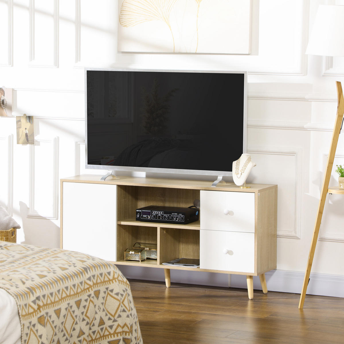 TV-LOWBOARD Weiß/Natur 120/30/60 cm, Massivholzfüße, 1 Tür, 2 Schubladen - Naturfarben, Holzwerkstoff (120/60/30cm) - PANGIVO
