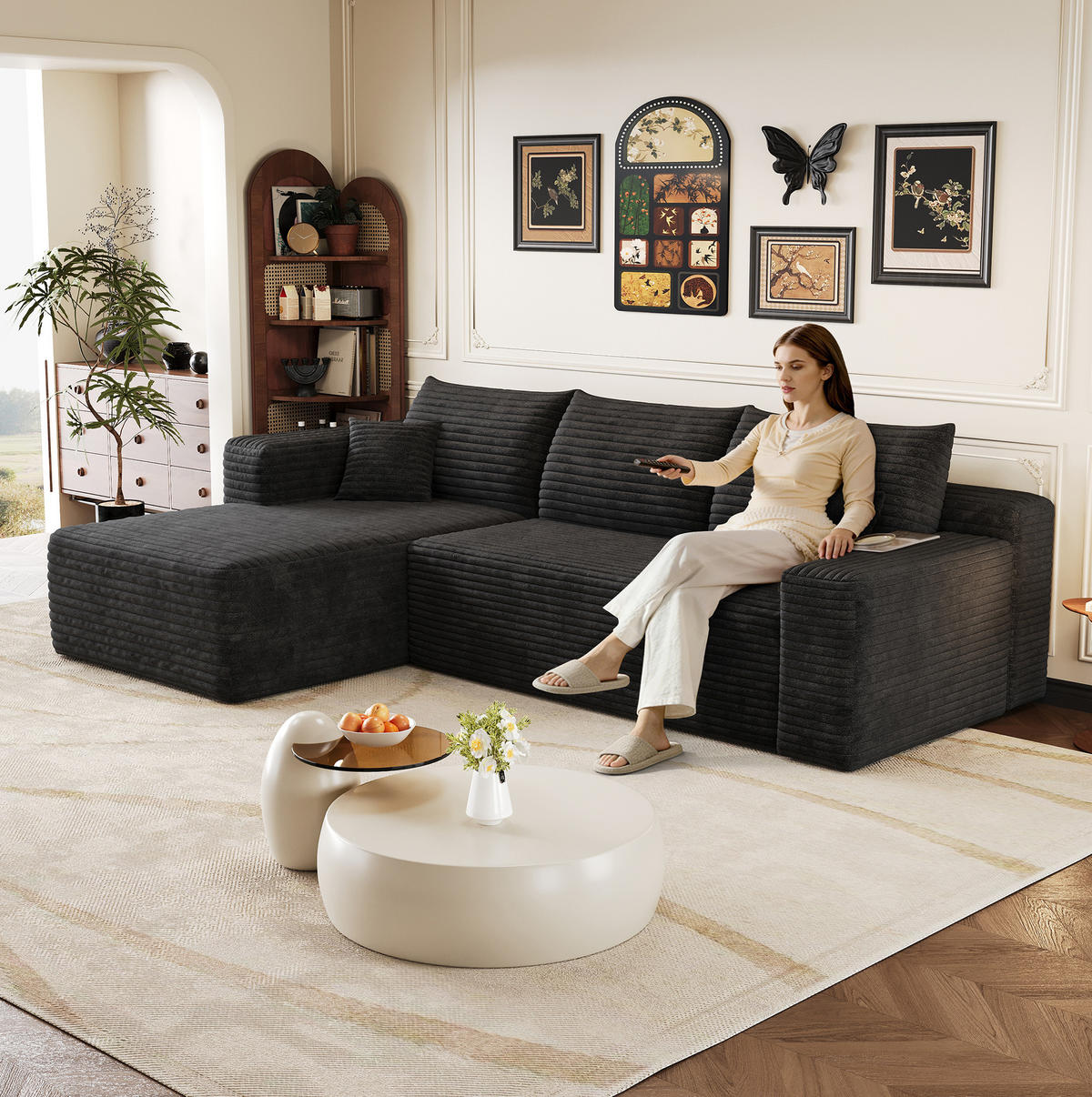 ECKSOFA 241/151/58 cm schwarz aus Stoff mit Chaiselongue ohne Montage - Schwarz, Textil (151/241cm) - OKWISH