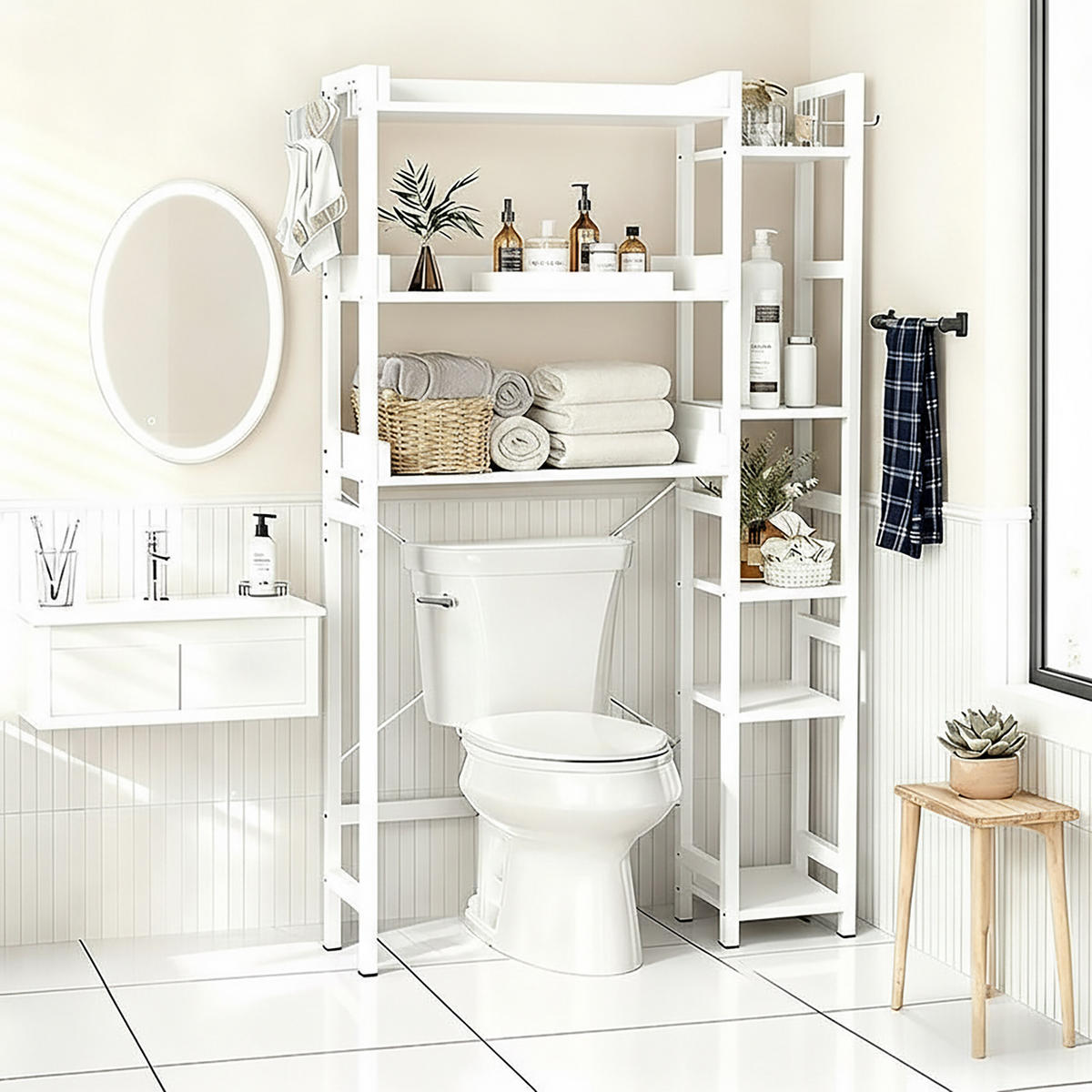 TOILETTENREGAL - Weiß, Holzwerkstoff/Metall (80/161/24cm) - Relaxdays