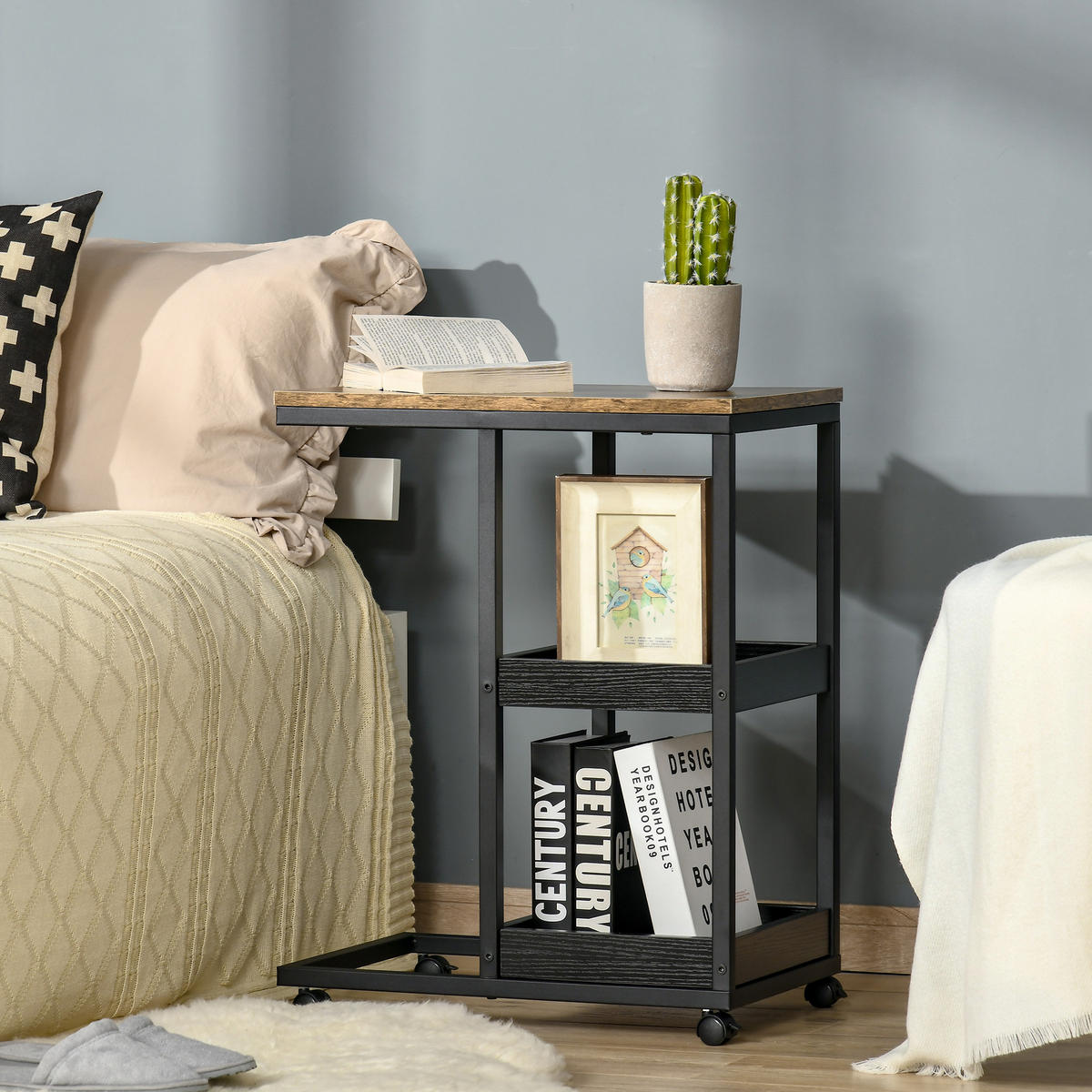 BEISTELLTISCH, Couchtisch mit Rollen, Ablage, im Industrie-Stil, 51 x 33 x 66 cm - Braun, Metall (51/33/66cm) - HOMCOM