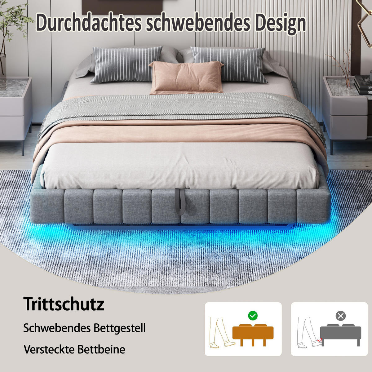 POLSTERBETT 140/200 cm Grau Hydraulischer Stauraum mit LED-Beleuchtung aus Leinen - Grau, Textil (140/200cm) - OKWISH