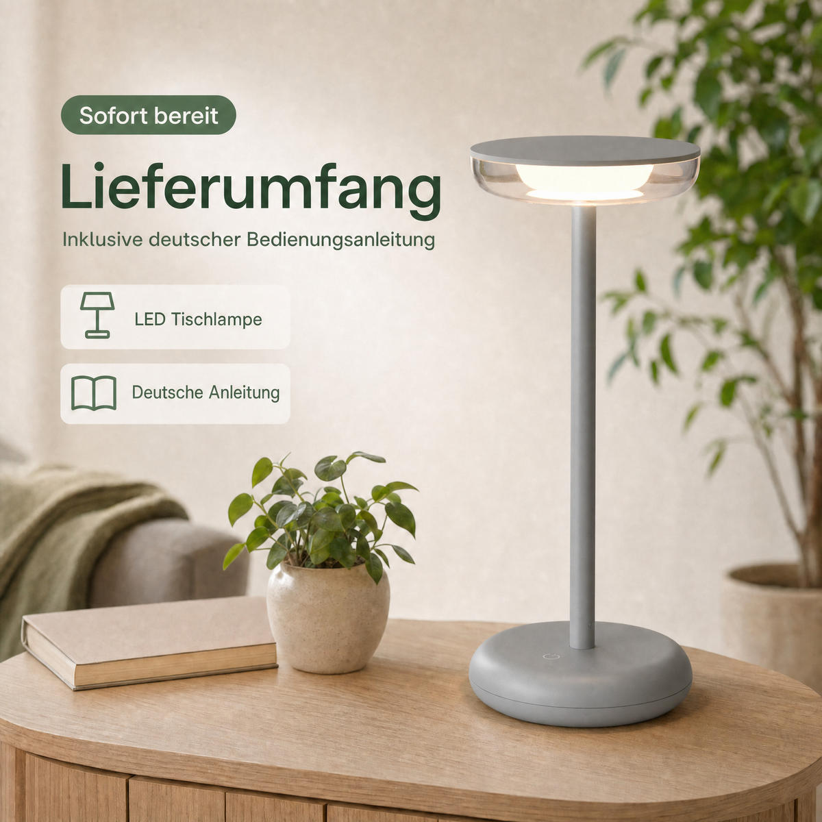 LED-TISCHLAMPE Grau Dimmbar Akku 1800mAh 180lm warmweiß Touch USB-C Nachttischleuchte Höhe 27,4 cm - Grau, Kunststoff (11/11/27.4cm) - Northpoint
