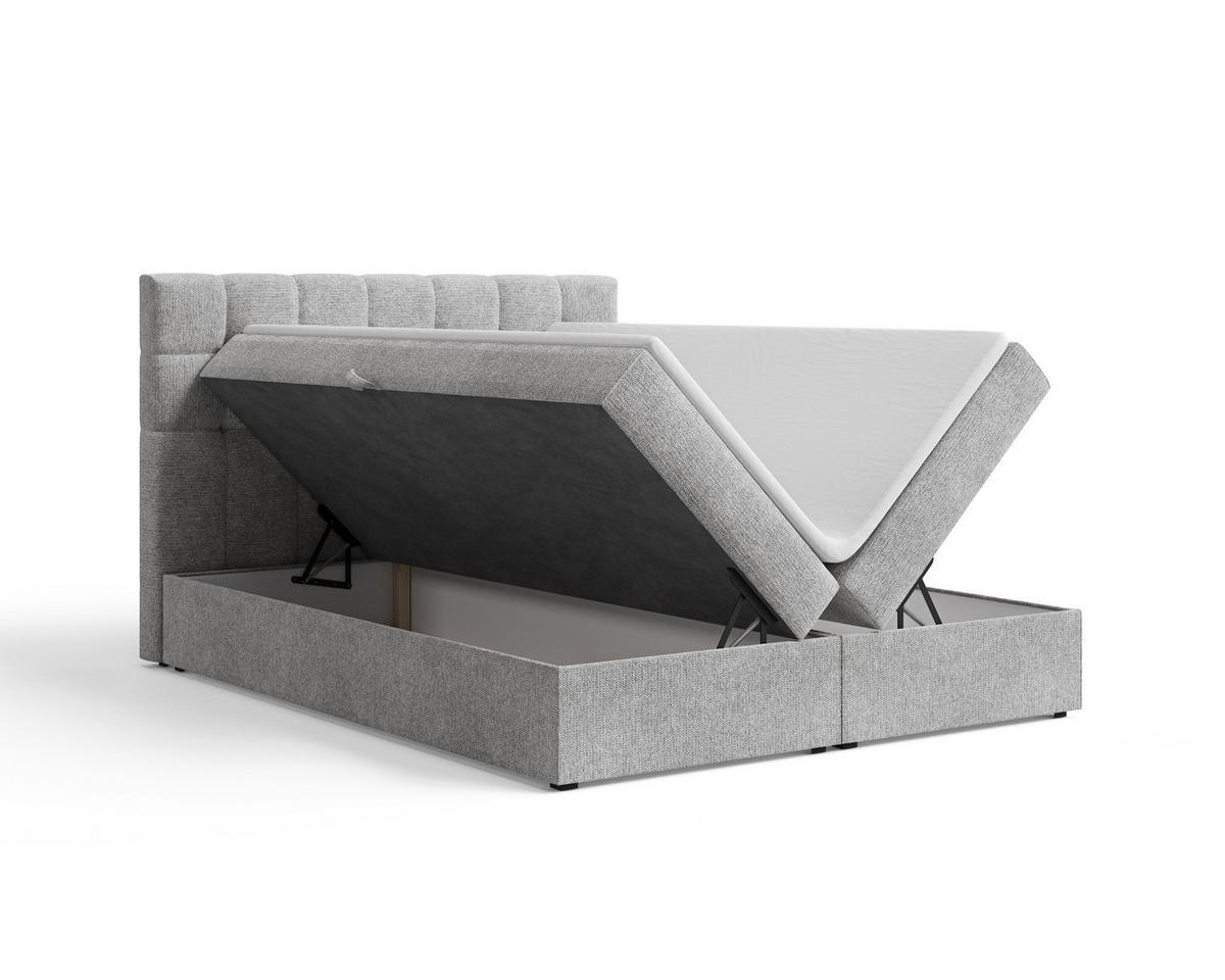 BOXBETT - Bett 05 OSLO - Aragon - 140x200 cm - mit Bettkasten und Komfort-Topper - Hellgrau, Holz (140/200cm) - ROYAL24_MARKT