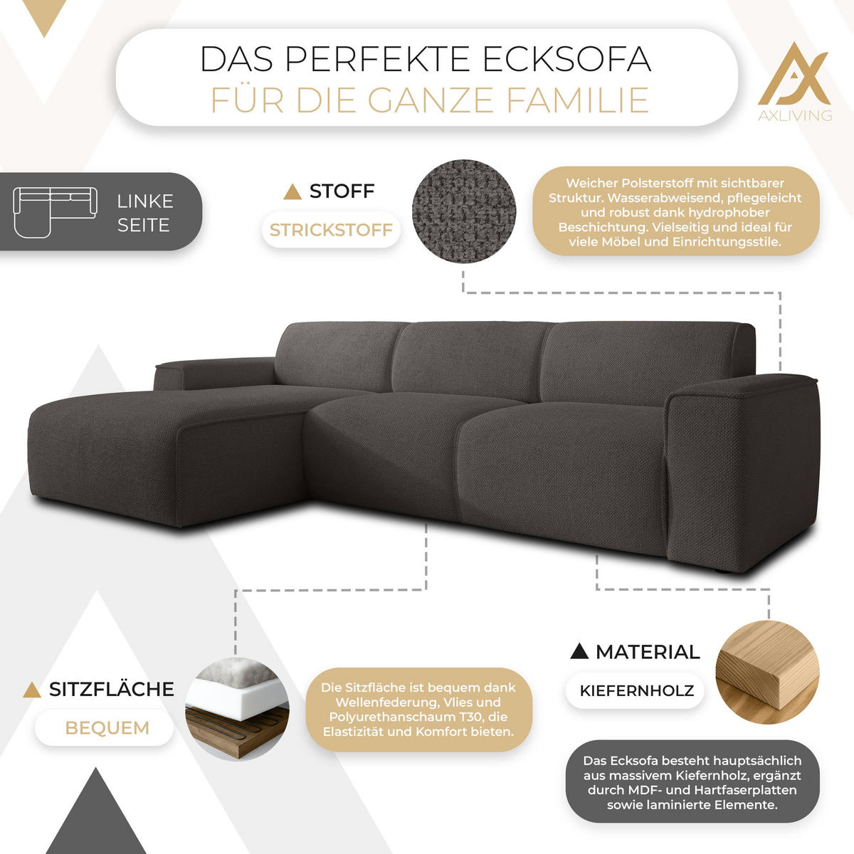 ECKSOFA L Form Didim mini Grau 310/165/78 cm – stilvolle kleine Eckcouch L - Schwarz/Grau, Kunststoff/Textil (165/310cm) - AX Living