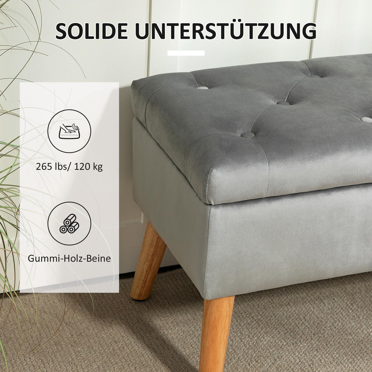 SITZBANK mit Stauraum, Polsterbank mit Deckel, Bettbank mit Samtoptik Grau - Grau, Kunststoff (35/40/80cm) - HOMCOM