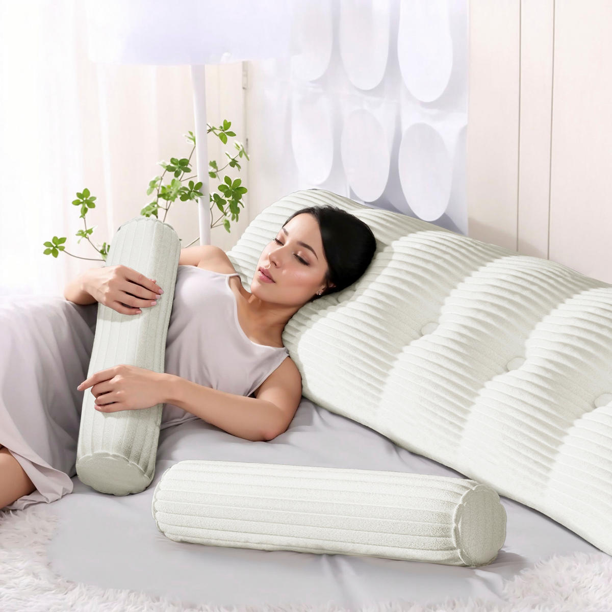 KEILKISSEN mit einem runden Kissen 3er-Set Gestreifter Samt Weiß 200cm - Weiß, Textil (20/200cm) - Vercart
