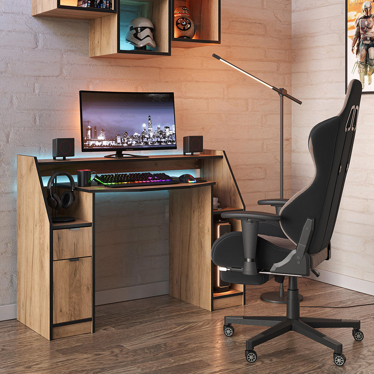 GAMING-TISCH Joel Goldkraft Eiche 123.2 x 45 cm mit 1 Schublade und 1 Tür - Eiche Wotan, Holzwerkstoff (45/123/90cm) - Vicco