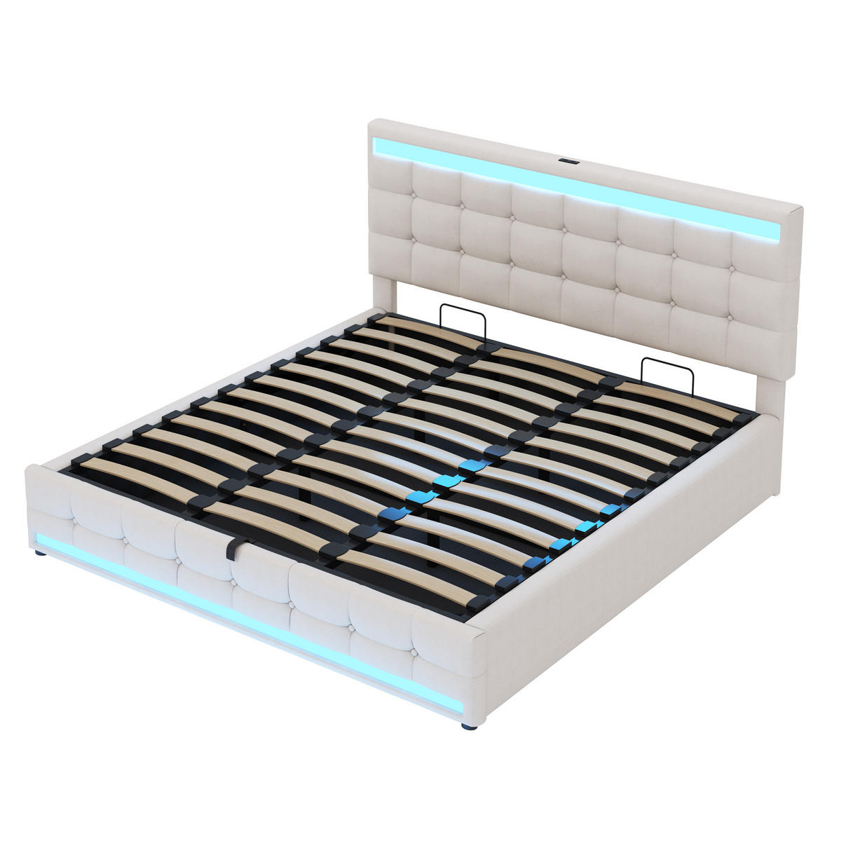 POLSTERBETT aus Leinenstoff 180x200 cm in Beige mit RGB-LED & 2 USB-Anschlüssen - Beige, Textil (180/200cm) - Modfu