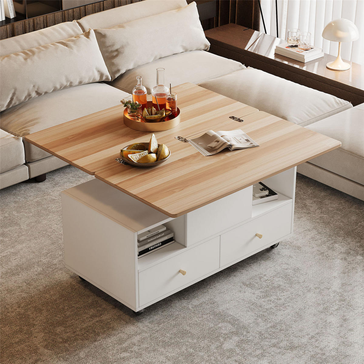 COUCHTISCH klappbar 4 Schubladen Rollen 100/50/47,5 cm - Weiß, Holz (100/50/62cm) - Kaket