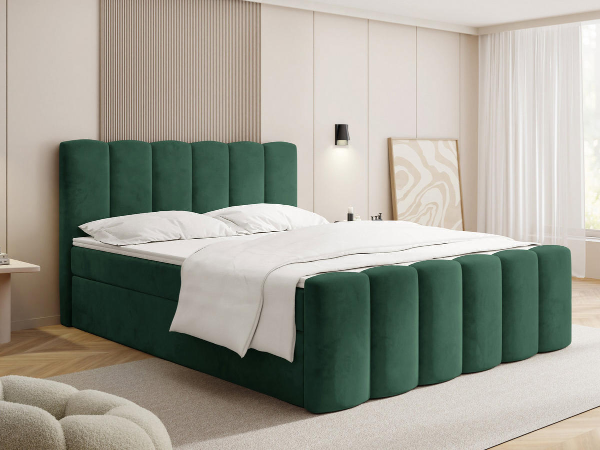BOXBETT Serenity mit Bettkasten, Dunkelgrün Samt 120x200 cm – inkl. H4 Taschenfederkern Matratze & Foam Topper - Dunkelgrün/Schwarz, Holz/Holzwerkstoff (120/200cm) - WFL GROUP
