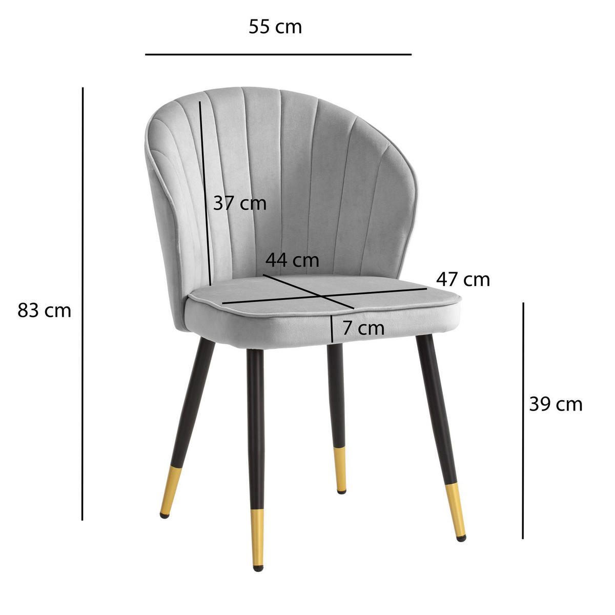 ESSZIMMERSTUHL 2er Set Samtbezug mit Metallgestell Schalenform Skandinavisch gepolstert, Grau 53x55x83 cm - Goldfarben/Grau, Textil/Metall (53/83/55cm) - KADIMA DESIGN