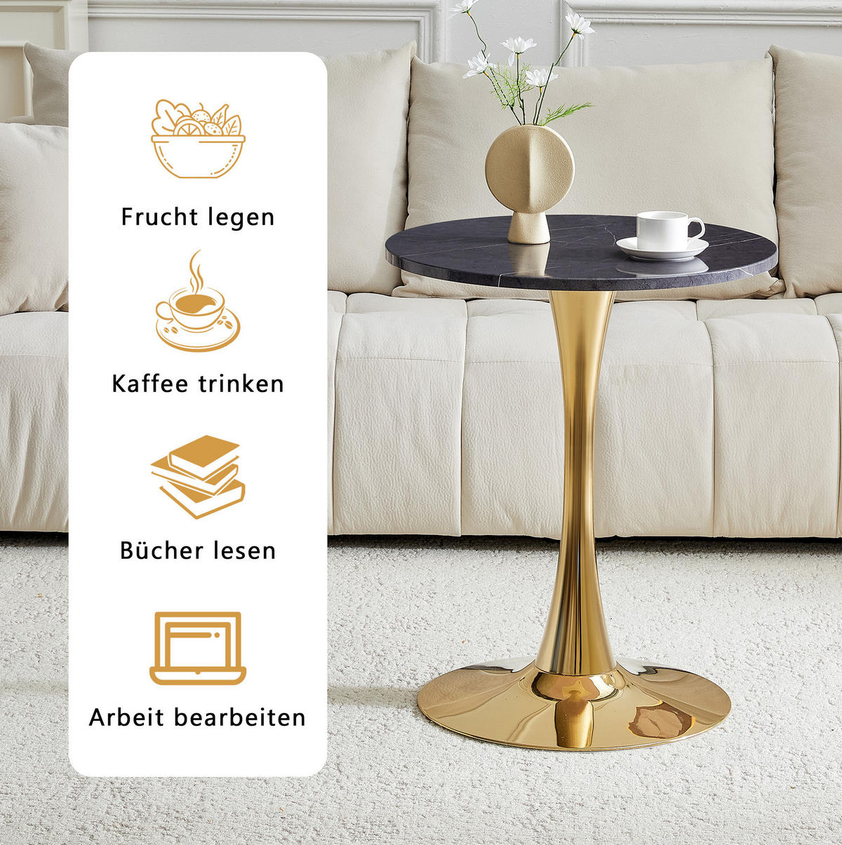 BEISTELLTISCH 60/72 cm in Schwarz und Gold mit runder MDF-Tischplatte - Schwarz, Holzwerkstoff (60/60/72cm) - BEAOK