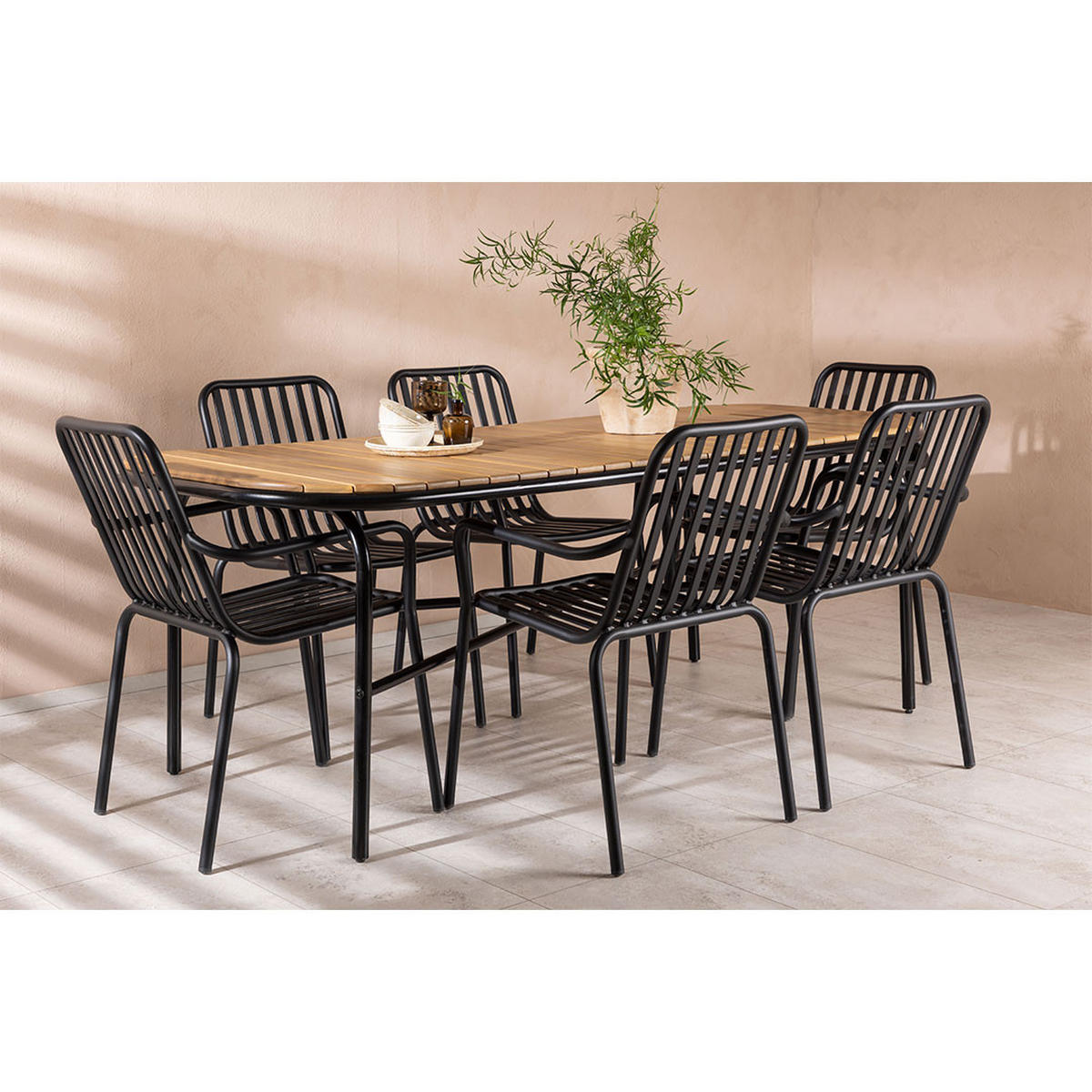 GARTENSET, Holmbeck, Tisch Natur, Stühle Schwarz, Holz, 90 x 200 x 75 cm, 7-teilig - Naturfarben, Holz - ebuy24