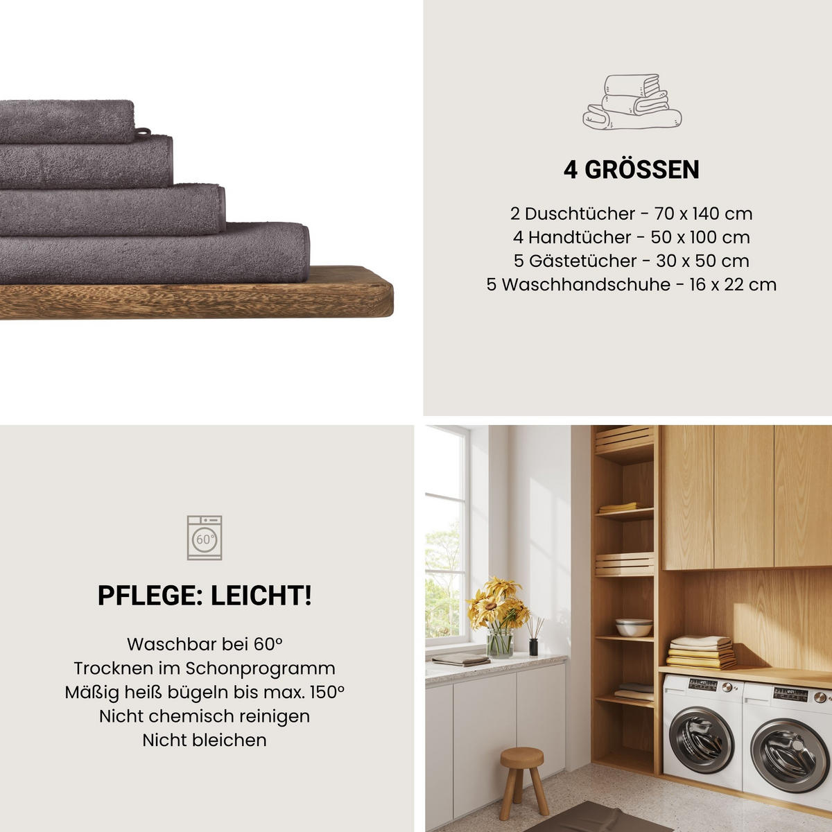 WASCHHANDSCHUHSET Milano - 5-teilig - 16x22 cm - Dunkelgrau - Dunkelgrau, Textil (16/22cm) - SCHIESSER