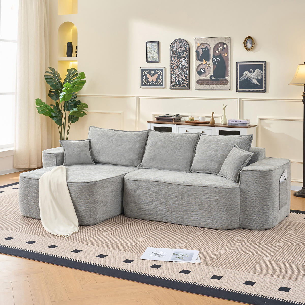 ECKSOFA Chenille Grau mit Seitentaschen - Grau, Holzwerkstoff/Textil (262/144cm) - WISHDOR