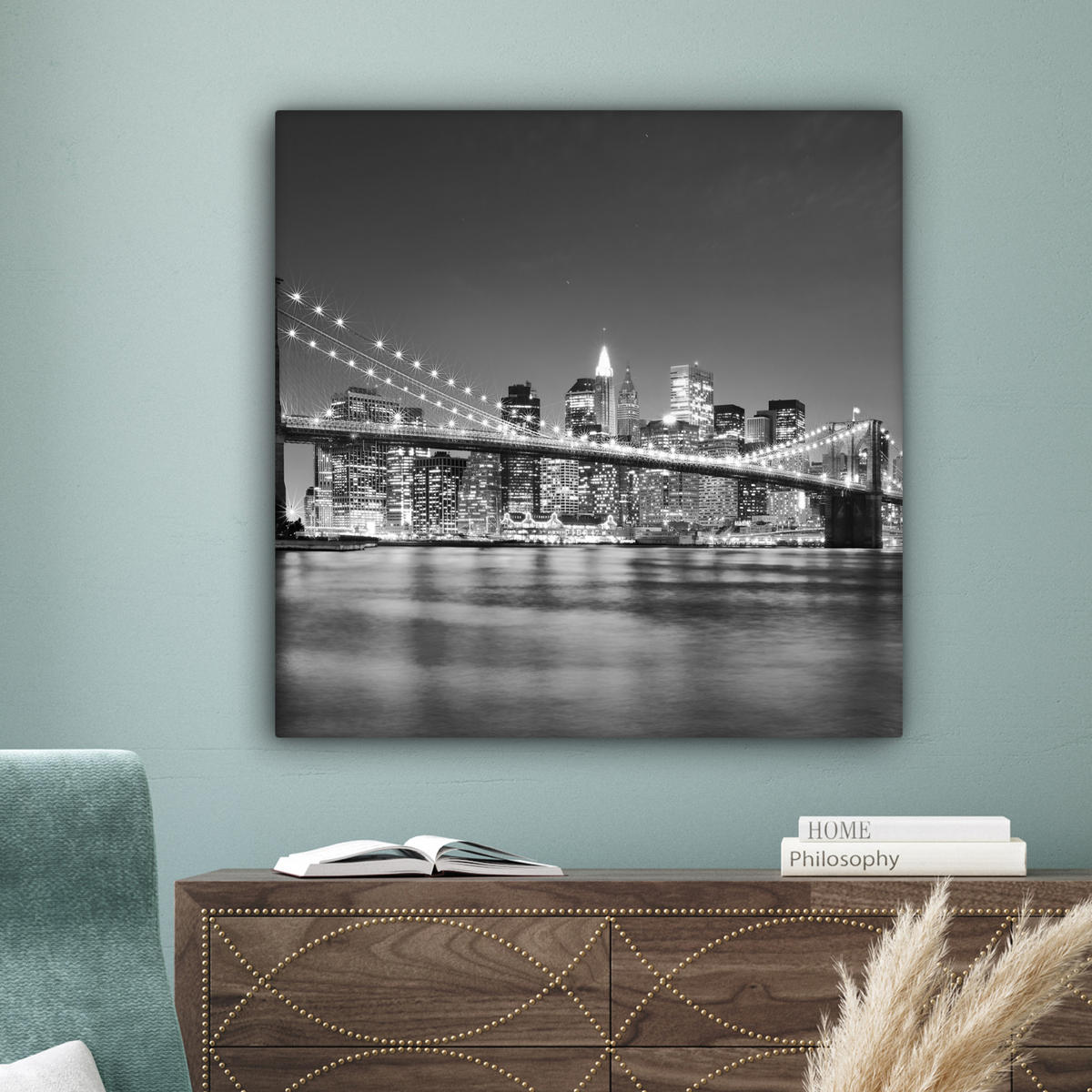 LEINWANDBILD - New York - Brücke - Brooklyn - Schwarz und weiß - Architektur - 90x90 - Gemälde - Schwarz, Textil (90/90cm) - MuchoWow