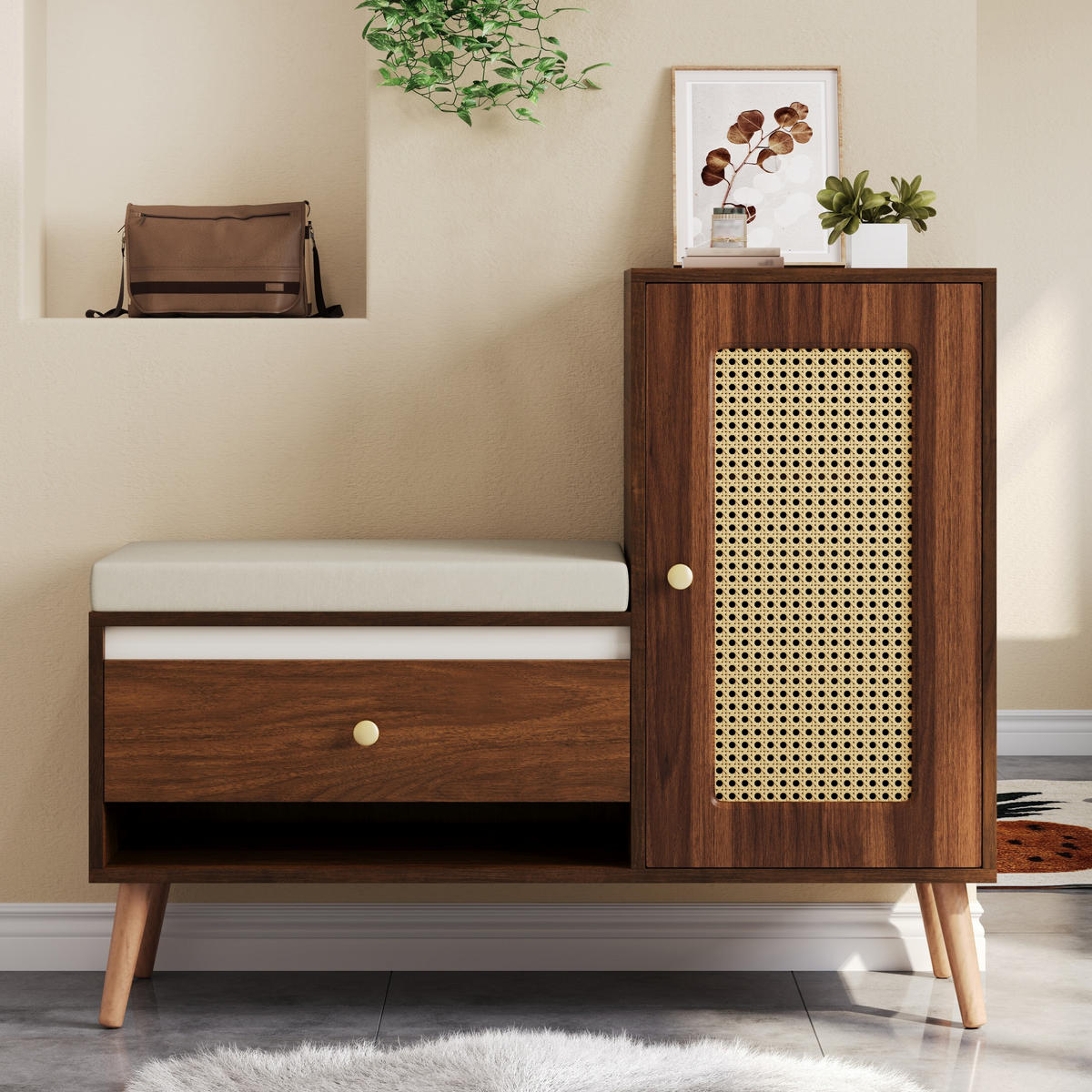 SCHUHSCHRANK aus MDF & Spanplatte 95,5x35x80,5cm in Nussbaum mit Sitzkissen - Nussbaumfarben, Holzwerkstoff (95.5/80.5/35cm) - Modfu