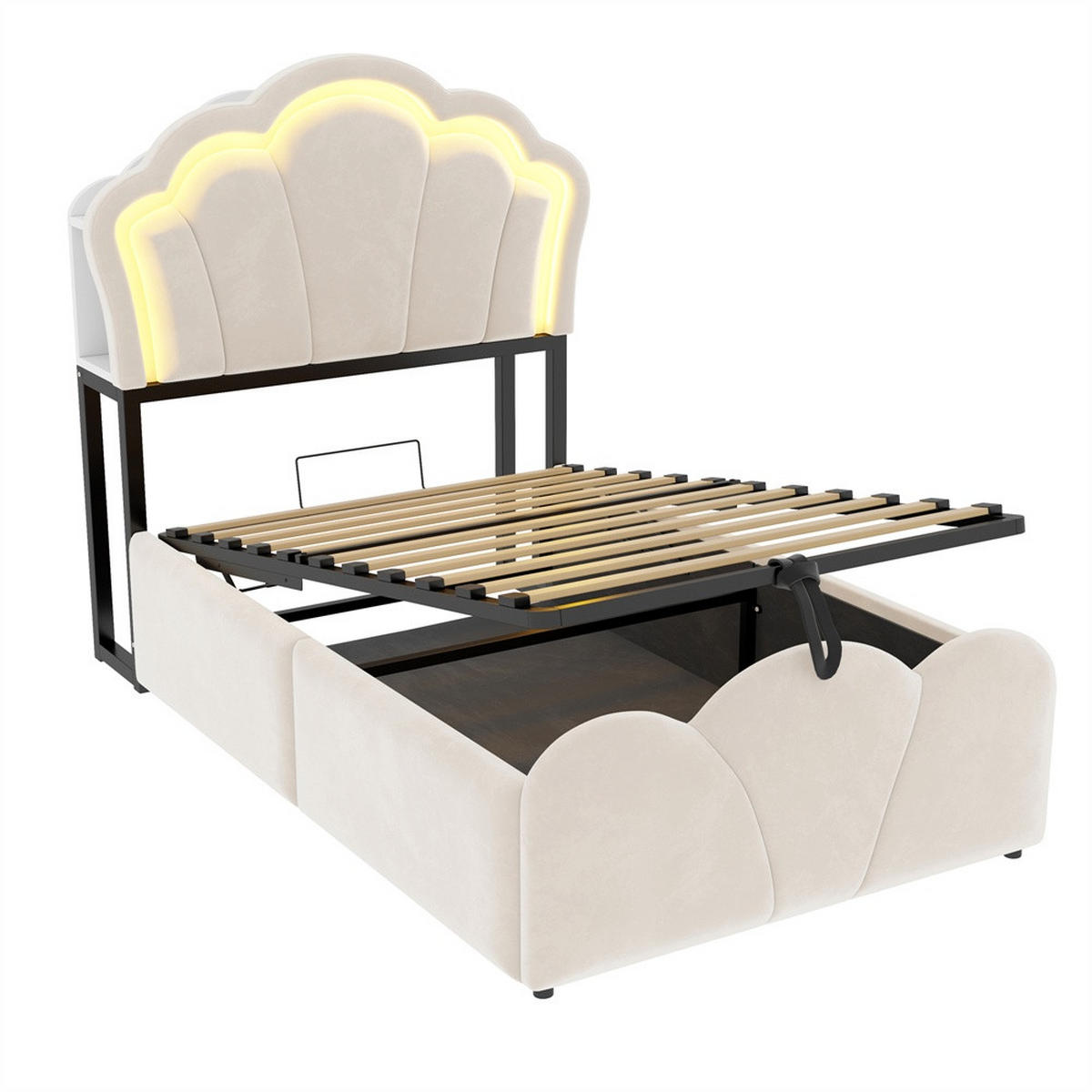 POLSTERBETT 90x200 cm mit hydraulischem Stauraum - LED Beleuchtung & Ladeanschluss - Beige - ohne Matratze - Beige, Textil (90/200cm) - DELFA