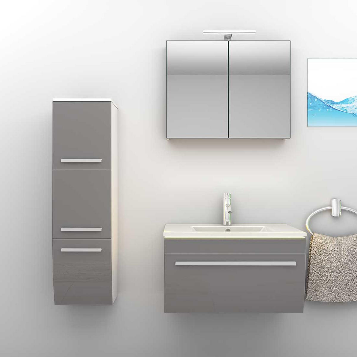 BADMÖBEL Set Gently 3 V2-L Weiß/Grau Badezimmermöbel Badspiegel Waschtisch 70 cm mit 1x 5W LED / Energiebox - Grau, Glas/Kunststoff (46/40/70cm) - AcquaVapore by Sandra Jentho