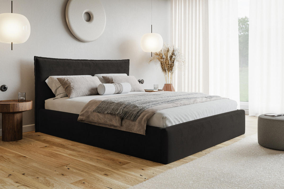 POLSTERBETT 180x200 cm Zenito Slim mit Kissen-Kopfteil, Bettkasten, Schwarz - Schwarz, Holz/Textil (180/200cm) - Emporius