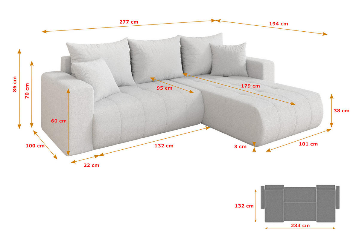 ROHOVÁ SEDAČKA s funkcí spaní, otoman vpravo MILA-L 277x194x86 bílá bouclé - bílá/černá, kompozitní dřevo/textil (277/194cm) - ALTDECOR