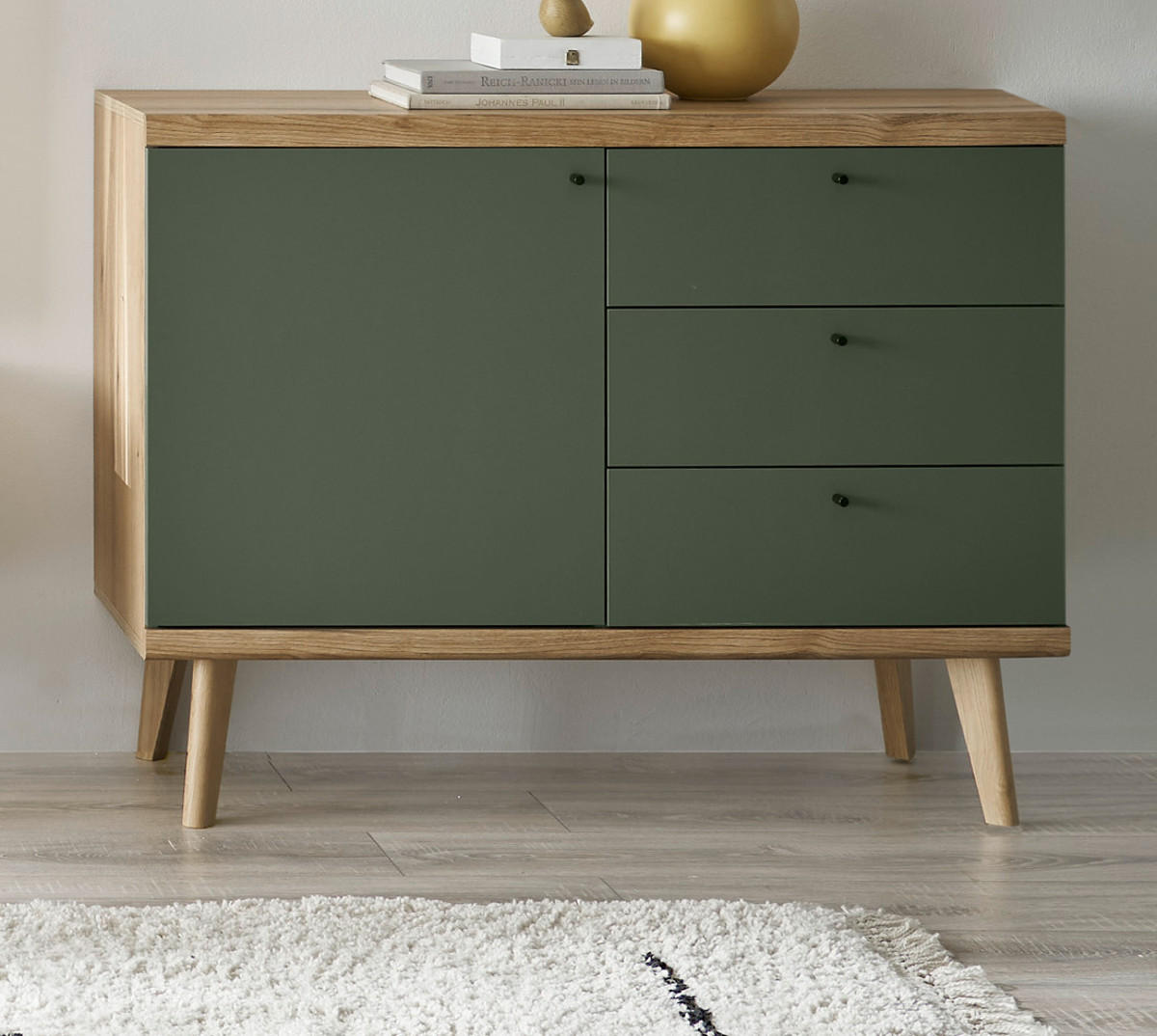 SIDEBOARD Salbei grün, Eiche Evoke, skandinavisch 107 cm, Kommode mit Vollauszug - Salbeigrün/Eichefarben, Holz/Holzwerkstoff (107/83/40cm) - Furn.Design