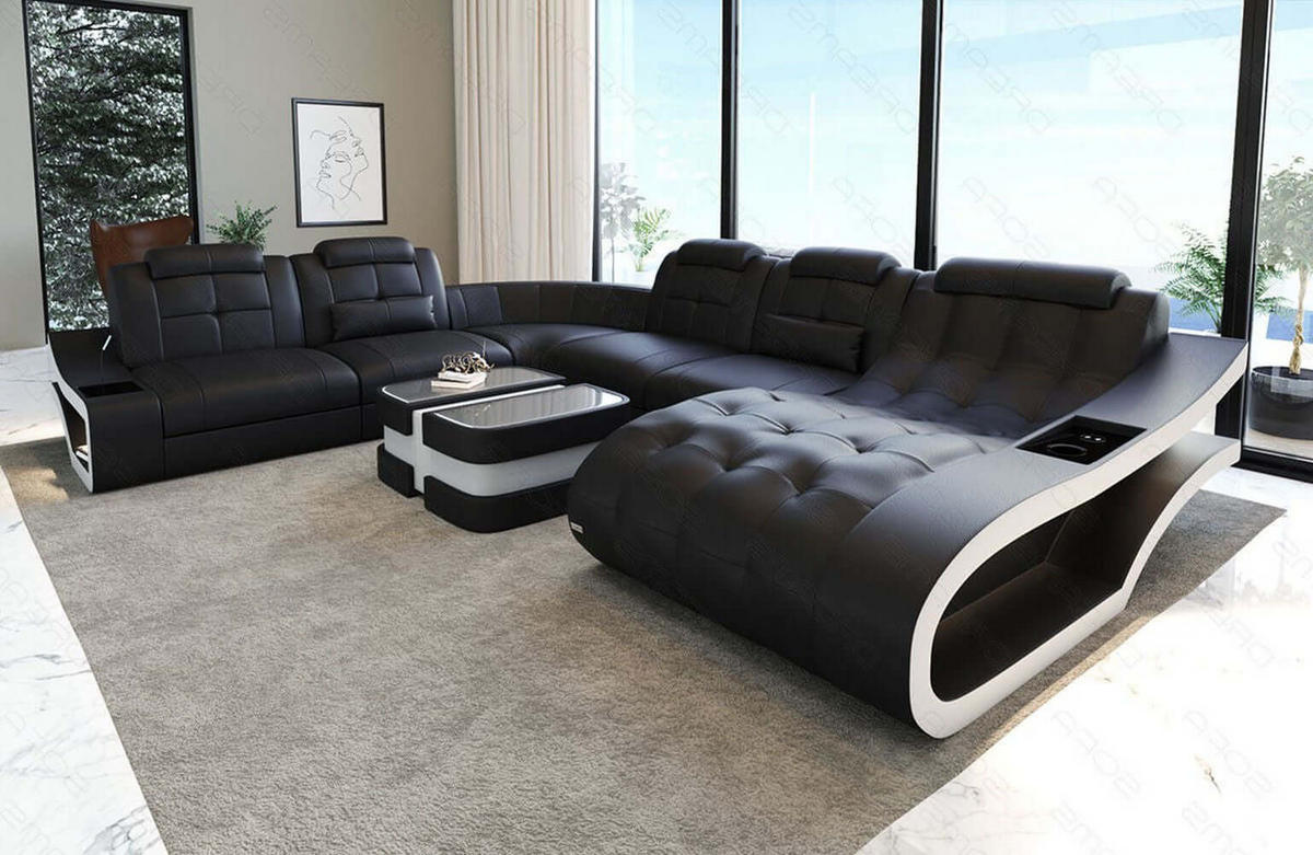 WOHNLANDSCHAFT Elegante Schwarz Weiß Büffelleder - Schwarz, Leder (379/91/283cm)