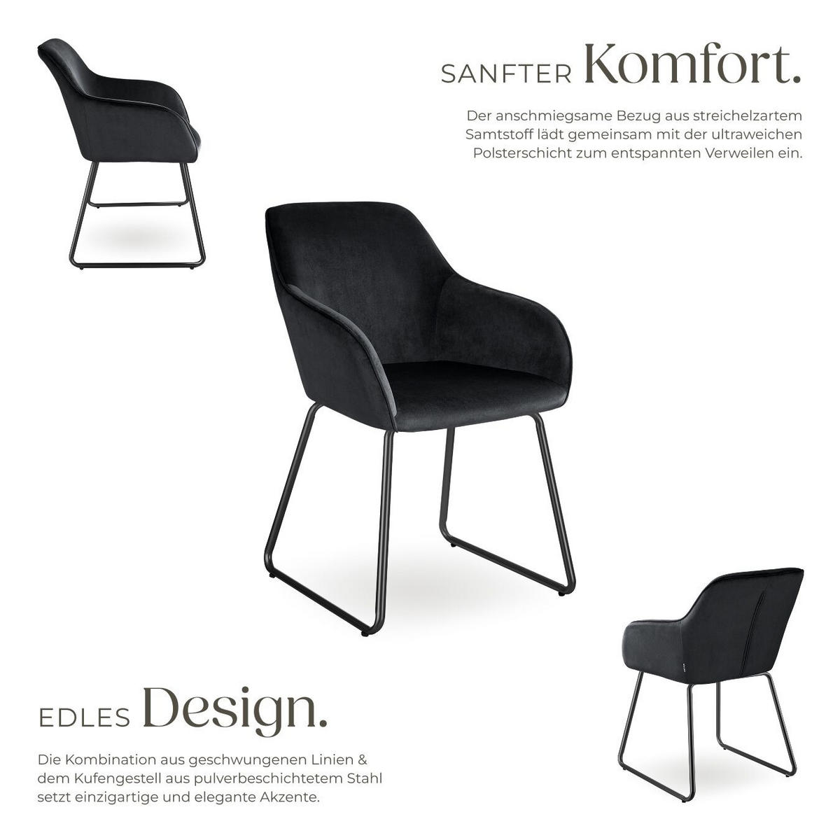 ESSZIMMERSTUHL Jeane,57 x 61 x 85,5 cm, Belastbarkeit 120 kg,Samtoptik schwarz/schwarz - Schwarz, Kunststoff (57/85.5/61cm) - tectake