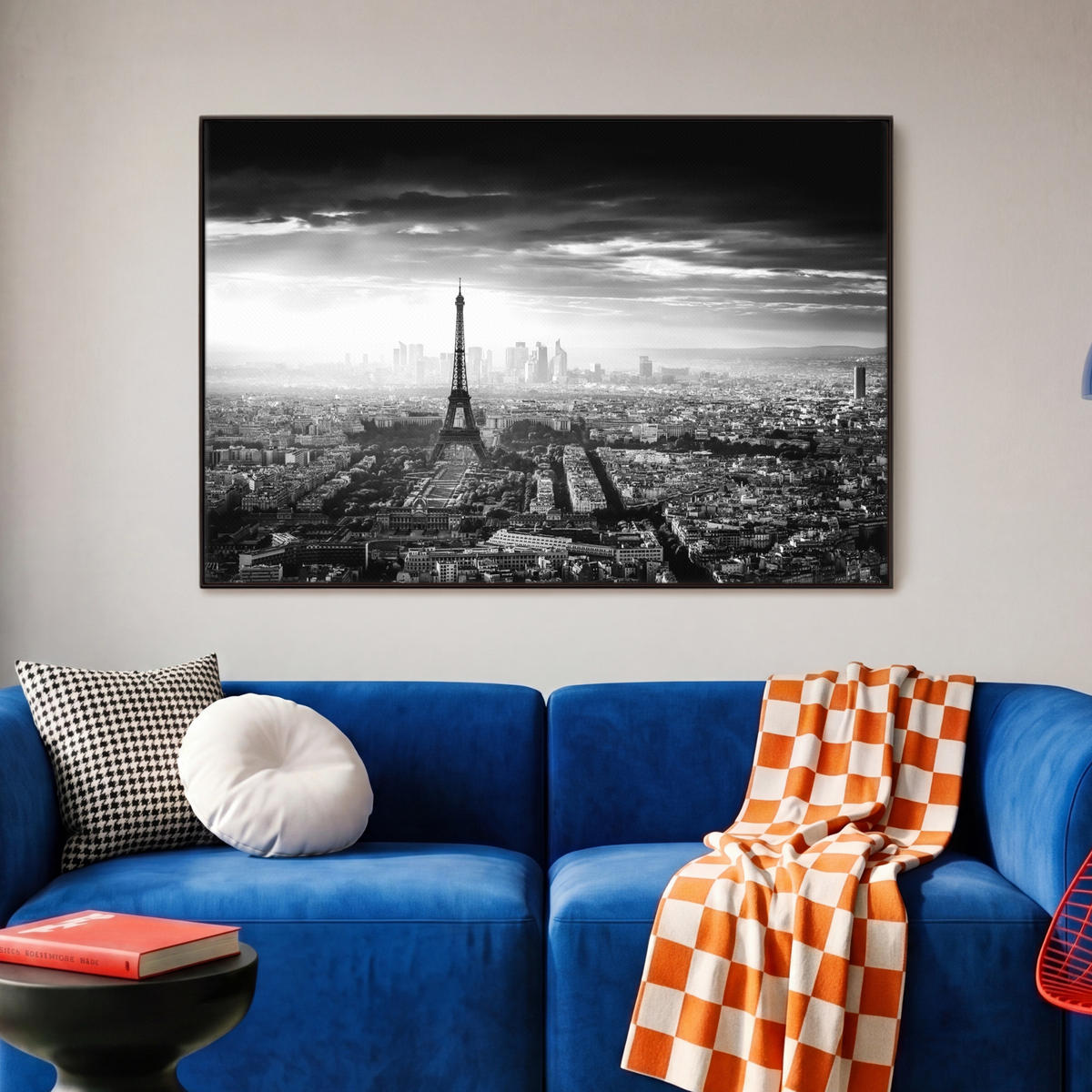 LEINWAND Bilder mit Rahmen - Paris - Skyline - Eiffelturm - Stadt - Wolken - 90x60 - Dunkelgrau, Textil (90/60cm) - MuchoWow