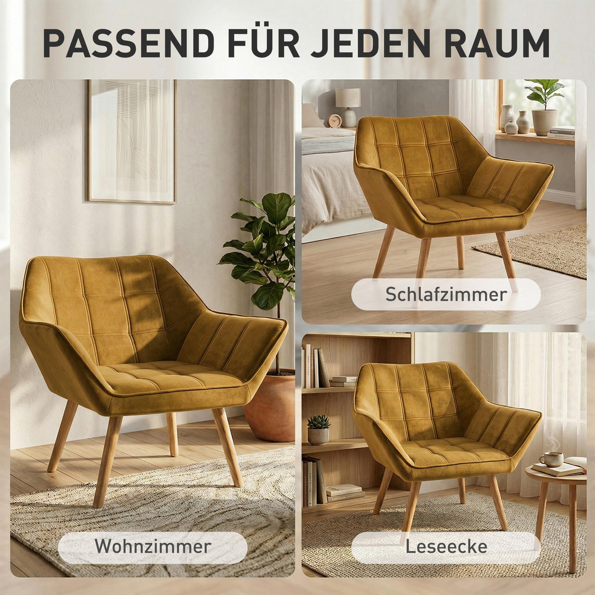 ARMLEHNENSTUHL DE-06807 Skandi Design mit Samtoptik und Kautschukholzbeinen Gelb - Gelb, Holz/Textil (61.5/71/67cm) - ComfortXL