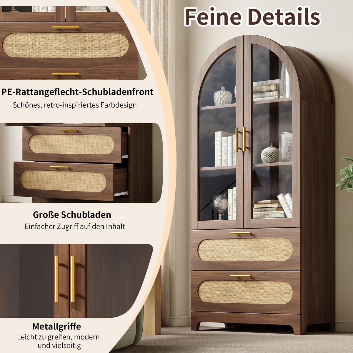 VITRINE in Nussbaum Bücherregal mit 2 Schubladen und verstellbaren Böden, H175/B80/T40cm - Transparent/Naturfarben, Glas/Holzwerkstoff (80/175/40cm) - STILVORA