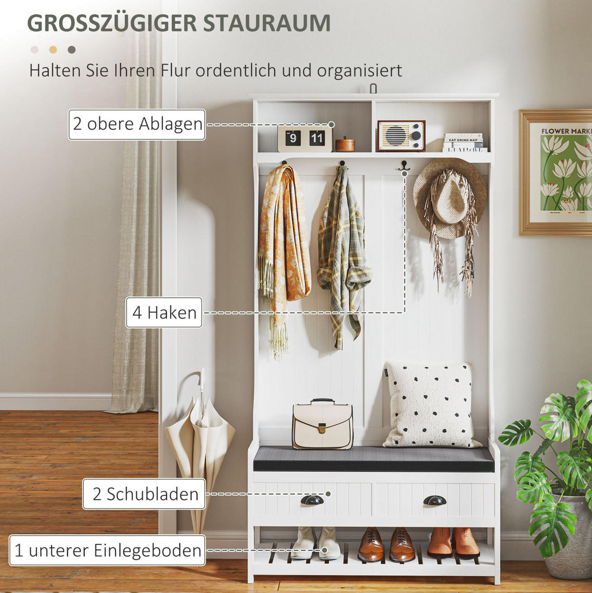 GARDEROBENSTÄNDER 89/42/172 cm mit Schuhbank, Schubladen und Kippschutz aus MDF, Weiß - Weiß, Holzwerkstoff (89/172/42cm) - Redom