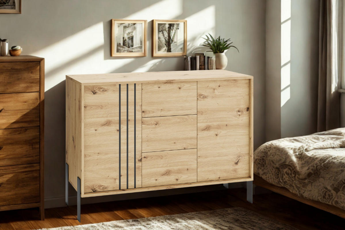 KOMMODE Natan 120cm, mit Schubladen und Metallfüßen, artisan - Eiche Artisan, Kunststoff (120/87/40cm) - Margaret Hadas24