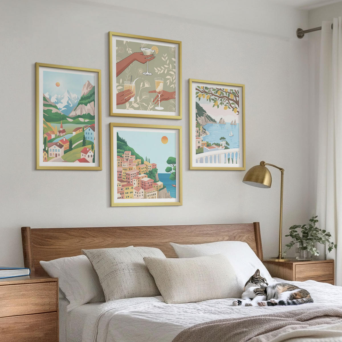 WANDBILDER 4er Set - 50x50 cm & 40x60 cm Goldrahmen - Pastellfarbene Küstenhäuser - Goldfarben, Kunststoff (50/50cm) - ArtPrintCave