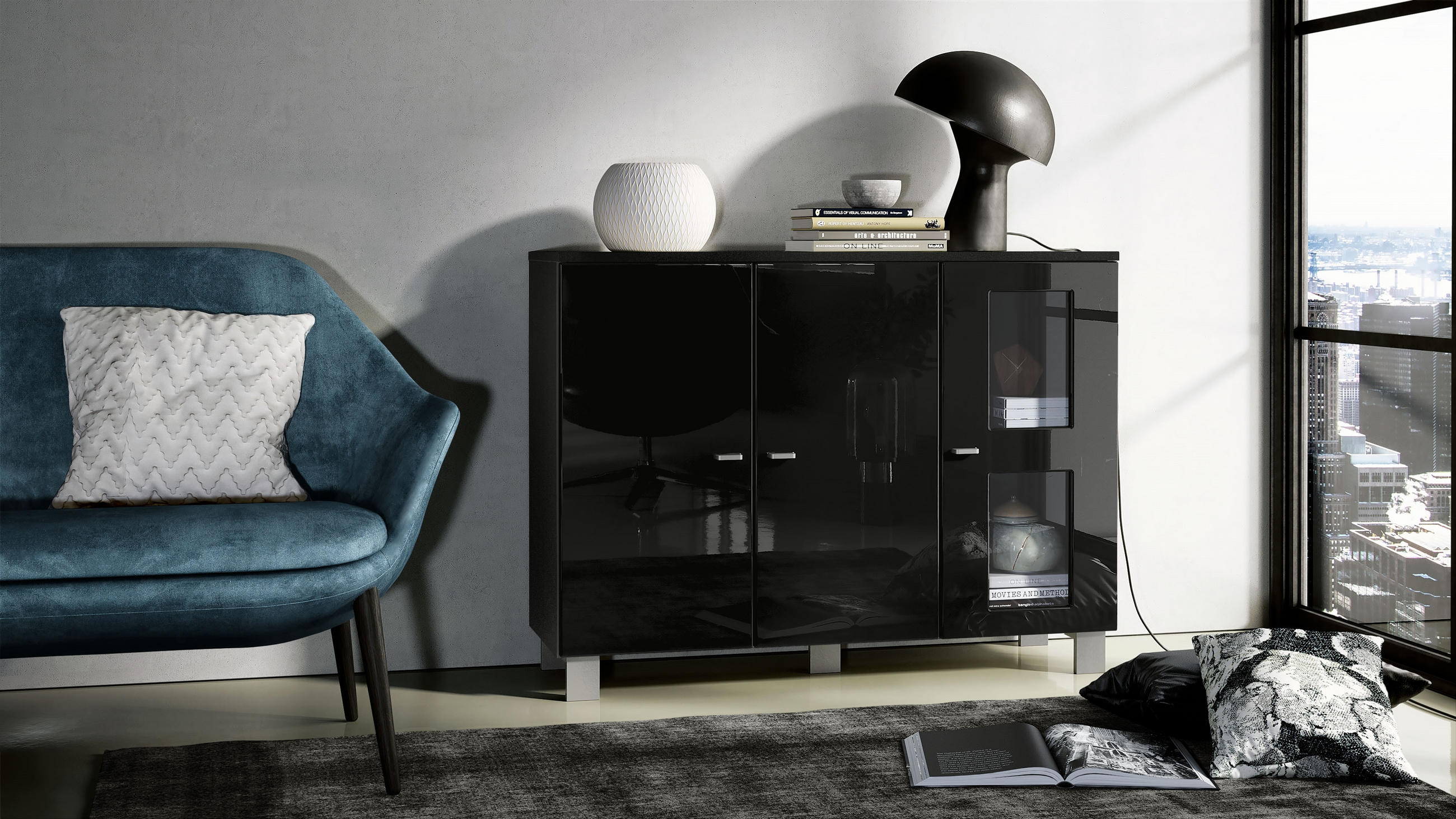 SIDEBOARD Denjo Tür in Schwarz Hochglanz - Schwarz Hochglanz, Holzwerkstoff (107/81/35cm) - Vladon
