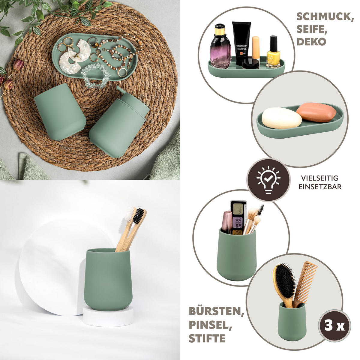 BAD-ACCESSOIRES-SET TESERO 5tlg., Soft-Touch, grün - Grün, Kunststoff (8.5/10.5/9cm) - eluno