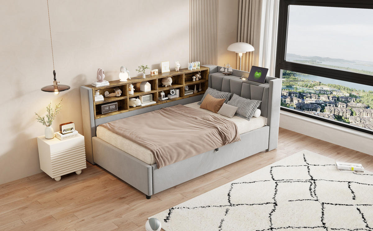 POLSTERBETT 90/200 cm Hellgrau aus Samt mit Stauraum - Hellgrau, Textil (90/200cm) - OKMYHOME