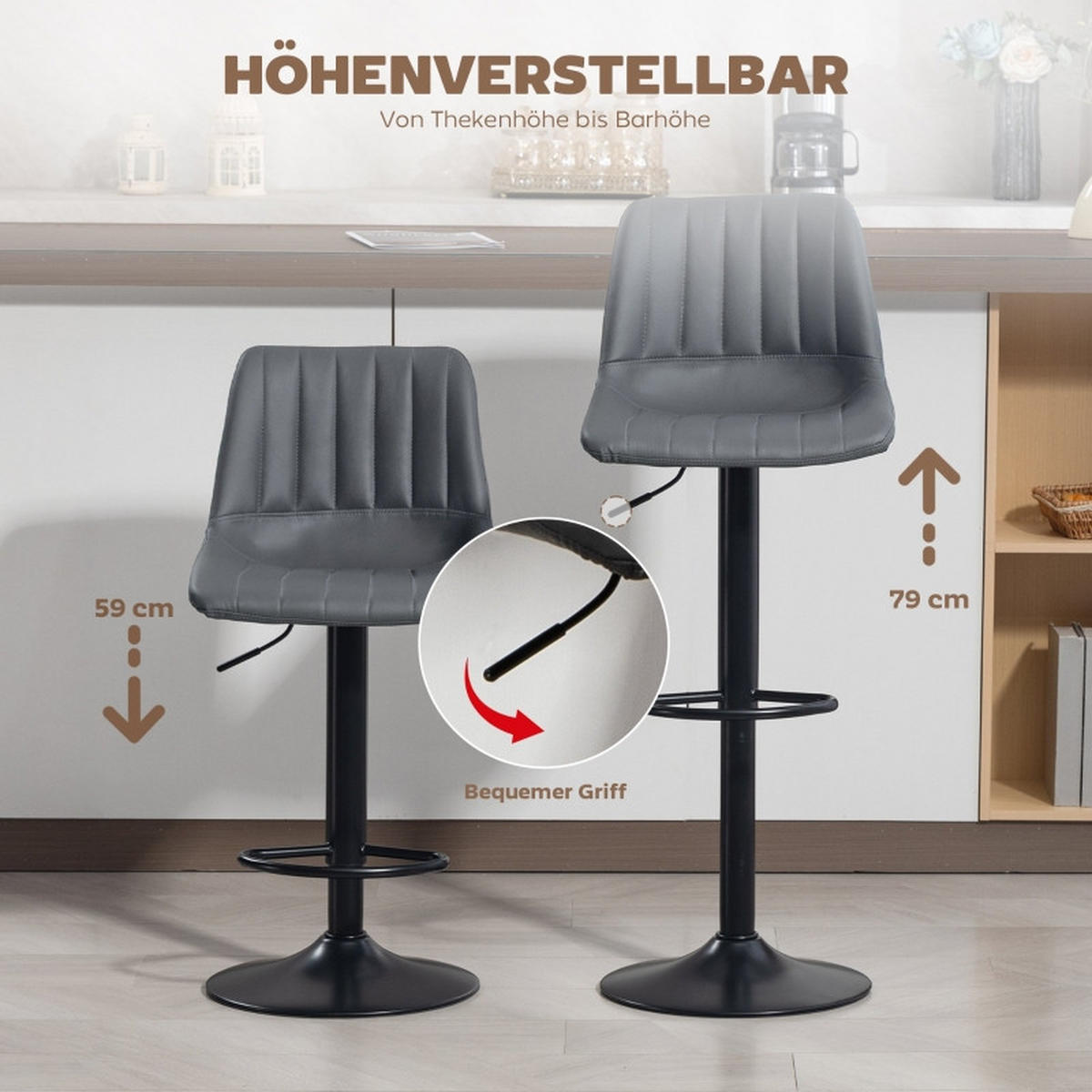 BARHOCKER DE-35975 2er Set mit Kunstlederbezug Dunkelgrau - Dunkelgrau, Metall (49.5/111/43cm) - ComfortXL